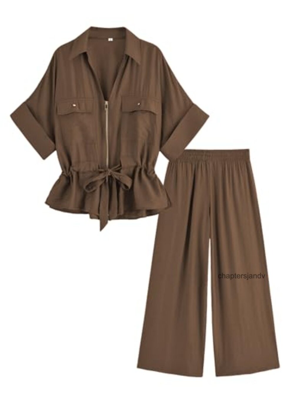 2 Piece Linen Blend Lounge Set Short Sleeve Wide Leg Pants Pockets